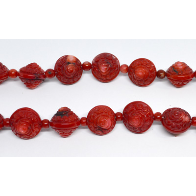 Coral Red Carved Saucer approx 16mm EACH BEAD